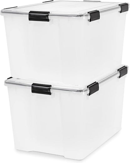 IRIS USA WeatherPro 74 Qt Storage Bins with Lids, 4 Pack, BPA-Free Plastic Gasket Box with Tight Latch and Seal, Stackable Nestable Tote Tub - Clear/Black