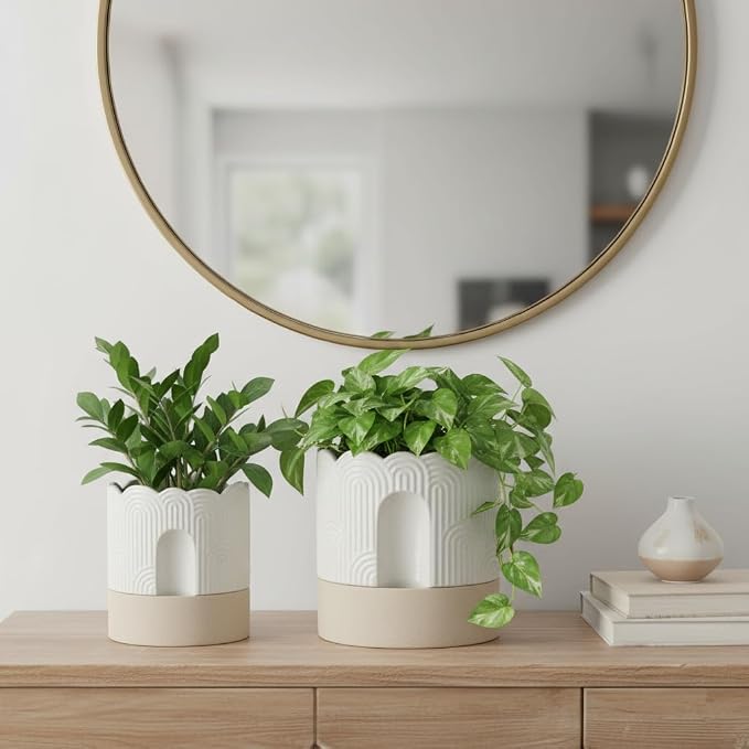 Nihow Ceramic Self Watering Pots for Indoor Plants, 6+8 Inch,Beige Set 2 | Visible Water Level Fill Port,Planter with Cotton Wick,Water Storage Plus, Cylinder Round Flower Pot, Succulent/Herbs/Violets