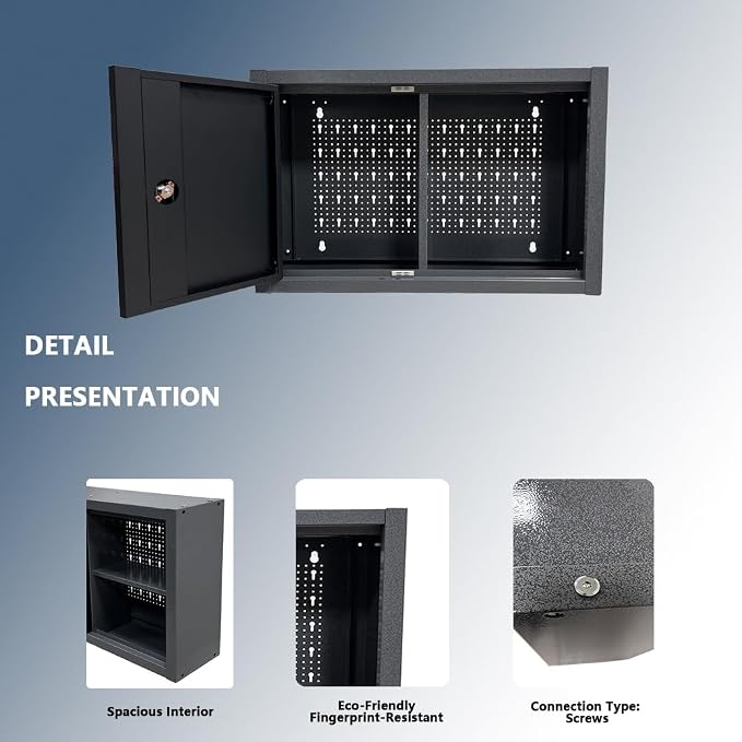 JZD Metal Wall Cabinet with Two Removable Shelves for Tool Organization, Included 22 Hooks, for Mechanics Garage Utility Room