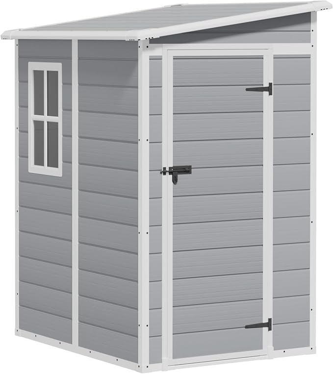 Greesum 5x4FT Plastic Outdoor Storage Shed, Resin Shed with Floor and Window, Tool Sheds with Lockable Door and Vent, for Garden, Garage, Lawn, Backyard, Light Gray