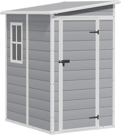Greesum 5x4FT Plastic Outdoor Storage Shed, Resin Shed with Floor and Window, Tool Sheds with Lockable Door and Vent, for Garden, Garage, Lawn, Backyard, Light Gray