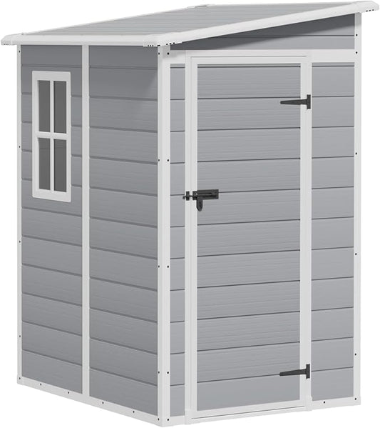 Greesum 5x4FT Plastic Outdoor Storage Shed, Resin Shed with Floor and Window, Tool Sheds with Lockable Door and Vent, for Garden, Garage, Lawn, Backyard, Light Gray