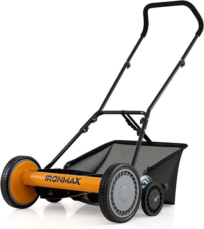 Goplus 18 Inch Push Reel Lawn Mower, 5-Blade Manganese Steel Manual Grass Cutter, 4-Position Adjustable Height, Removable Grass Catcher, Quiet No-Motor Walk-Behind Mower for Yard, Lightweight