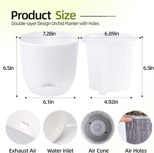 7.2Inch White Orchid Pots with Holes for Repotting, Double-Layer Plastic Self Watering Flower Pots for Indoor Plants with Drainage Holes, Clear Orchid Pot Match Decorative Orchid Container, 1Pack