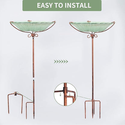 MUMTOP 26 Inch Height Glass Birdbath Birdfeeder with Metal Stake Garden Outdoor Green