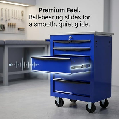 5-Drawer Rolling Tool Chest, Lockable Stainless Worktop for Garage,Blue | Heavy Duty Metal Tool Cabinet with Drawers on Wheels for Warehouse and Workshop Storage