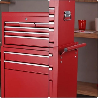 Tool Chest, 8-Drawers Rolling Tool Storage Cabinet with 2-in-1 Detachable Tool Box, Liner, Lockable Wheels, Side Hooks, Multifunctional Metal Tool Cart for Garage Warehouse, Red
