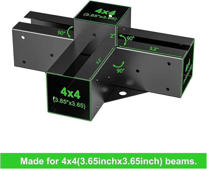 4-Way Pergola Brackets Kit for 4x4 Wood, 3.6 x 3.6 in, 2 Pack | Black-Coated Steel, 20 Hex Screws and Drill Bit Included for Gazebos, Patio Covers and Outdoor Kitchens