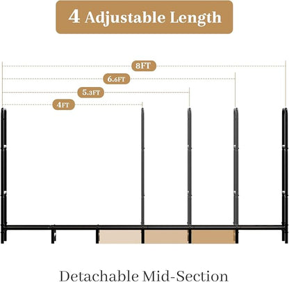 Firewood Rack 8FT Heavy Duty Metal, Outdoor Indoor Log Holder Stand for Fireplace Wood Storage, Adjustable Wood Pile Stacker Organizer for Patio, Black