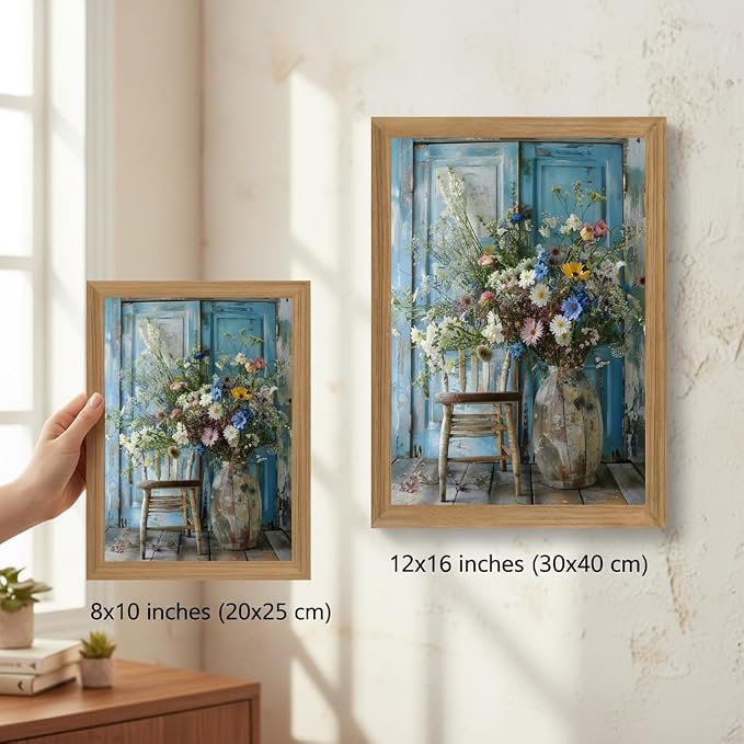 Vintage Wildflower Bouquet Wall Art Framed Canvas, Rustic Floral Still Life Vase Painting with Blue Door Background, Farmhouse Cottagecore Flower Decor Picture for Living Room Bedroom Bathroom 16x12 Inch
