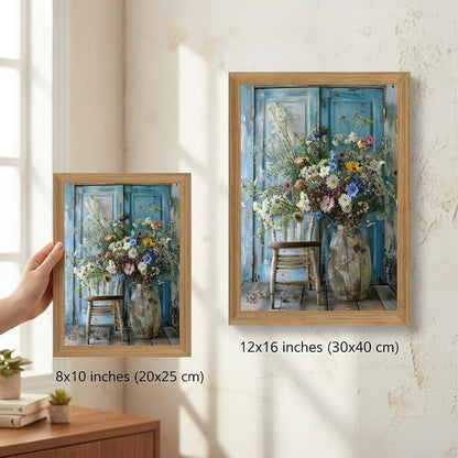 Vintage Wildflower Bouquet Wall Art Framed Canvas, Rustic Floral Still Life Vase Painting with Blue Door Background, Farmhouse Cottagecore Flower Decor Picture for Living Room Bedroom Bathroom 16x12 Inch
