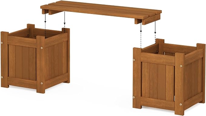 Furinno TIOMAN Mini Planter Box with Bench, Hardwood Flower Box with Seat, Cube Garden Box, in Teak Oil, Outdoor Indoor, Garden, Patio, Balcony, Light Wood