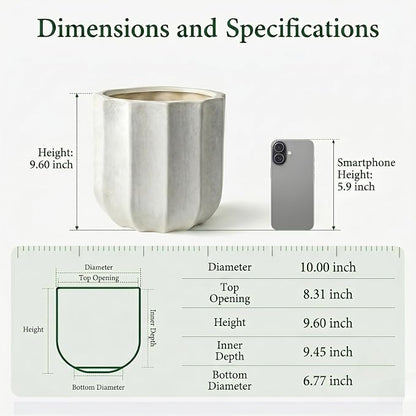 10 Inch Plant Pot – Ceramic Planter with Drainage Hole & Removable Drain Plug, Decorative Flower Pot for Indoor Outdoor Plants, Modern Round Large Planter, Cream White
