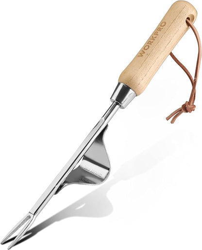 WORKPRO Weed Puller Tool, Metal Leverage Base and V-Shaped Forks for Easy Weed Removal & Deeper Root Digging, Heavy Duty Stainless Steel with Soft Handle, Manual Hand Weeder for Gardening