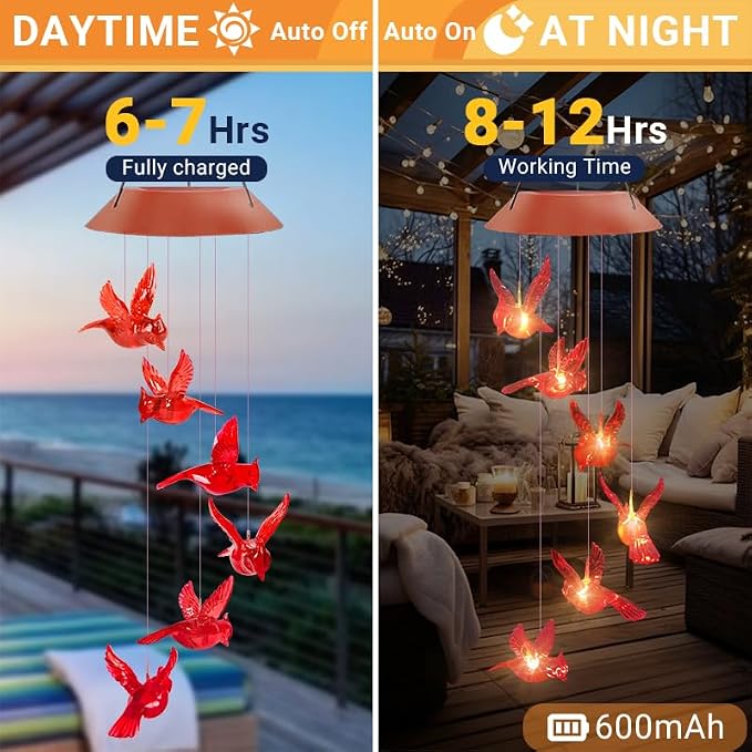 Cardinal Solar Wind Chimes, Solar Cardinal Bird Wind Chimes Outside Moms Gifts Unique for Women Red Bird Outdoor Decor Garden for Grandma mom Memorial