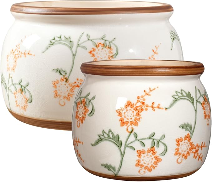 Vintage Ceramic Flower Pots - Indoor Outdoor Planters with Drainage Holes & Filter Screen, 6.5’’& 9’’ Rustic Farmhouse Decorative Plant Pots for Garden/Patio