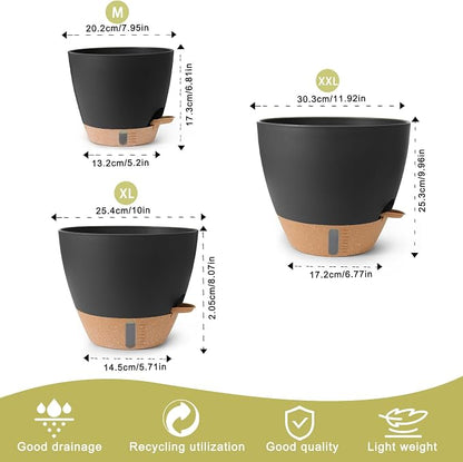 Self Watering Pots for Indoor Plants, 3 Pack 12/10/8 Inch, Large Planter with Water Reservoir, Modern Decorative Flower Pots for Home & Office Black
