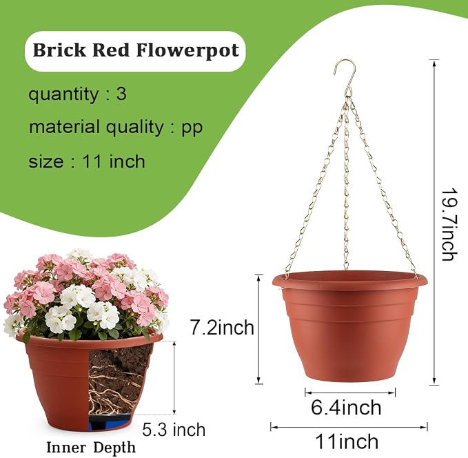RooTrimmer Hanging Planters 11 Inch, 3 Pcs Flower Pots with Drainage Hole, Self Watering Hanging Basket for Indoor Outdoor Plants, Decor, Pottery Red