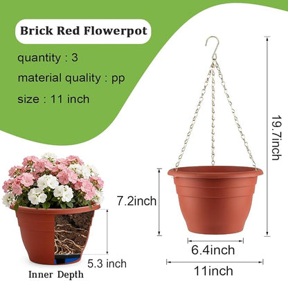 RooTrimmer Hanging Planters 11 Inch, 3 Pcs Flower Pots with Drainage Hole, Self Watering Hanging Basket for Indoor Outdoor Plants, Decor, Pottery Red