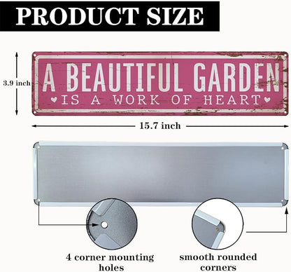 Vintage Garden Metal Tin Sign, A Beautiful Garden Is A Work of Heart Sign, Vintage Farmhouse Wall Art, for Yard Fence Door Porch, Rustic Outdoor Gardening Decoration, 15.7 x 3.9 Inches