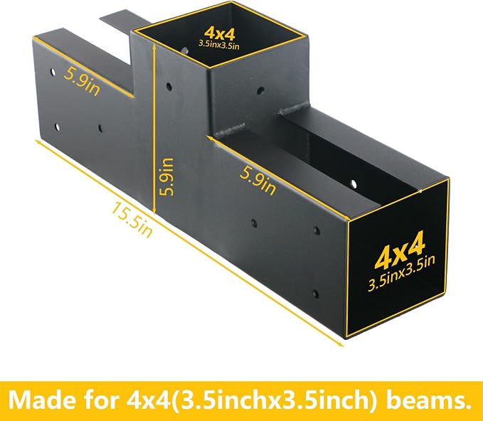 4x4 Pergola Brackets Kit, 3-Way T Shape, 3.58 x 3.58 in, 2 Pack | Q235 Steel with Black Powder-Coated Finish, 32 Self-Tapping Screws Included for Gazebos, Patios and Garden Arbors