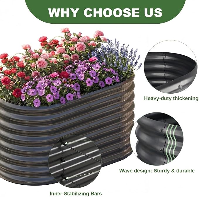 AHEONLAR 2 Pack 4×2×2ft Galvanized Raised Garden Bed Outdoor, Oval Sturdy and Durable Planter Boxes for Vegetables, Fruits, Flowers and Plants, Easy Assembly, Grey