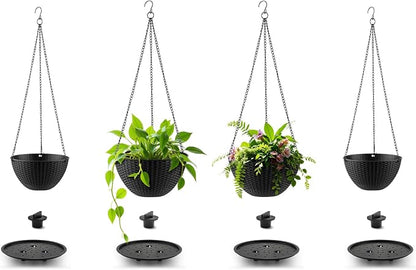 RooTrimmer Hanging Planters for Indoor Outdoor Plants 8 and 10 Inch, 4 Packs Hanging Flower Pot with Drainage Holes, Self-Watering Hanging Basket Perfect for Home, Office and Garden, Black