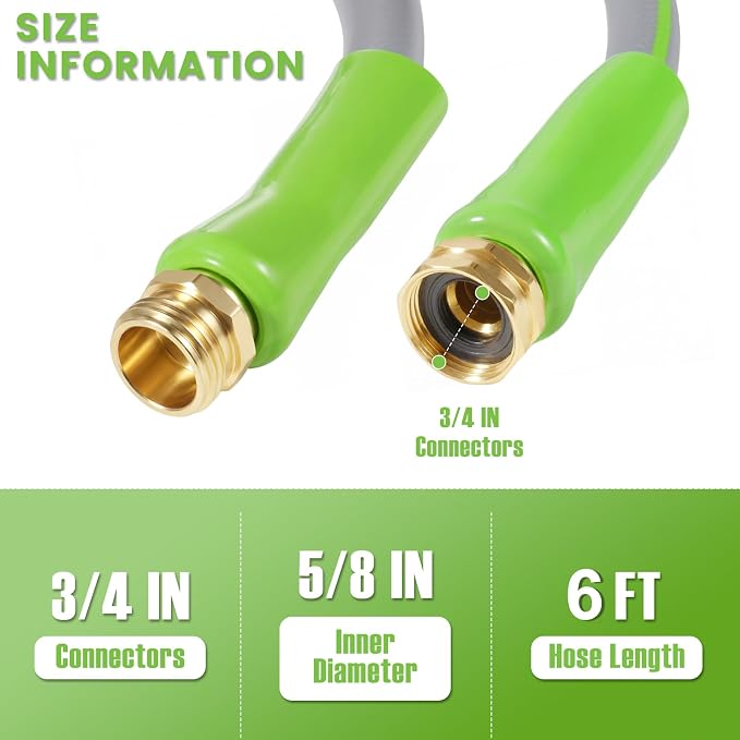 SheeChung Short Garden Hose 6ft x 5/8",Leader Hose for Hose Reel Faucet,Short RV Water Hose Heavy Duty,Lightweight Rubber Small Hose,Hose Extension,3/4"Brass Fittings,Male to Female Hose