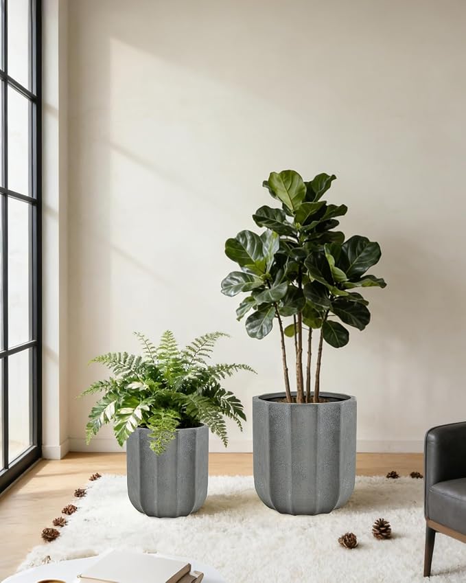 Large Ceramic Planter, 12 Inch Plant Pot with Drainage Hole & Removable Drain Plug, Decorative Flower Pot for Indoor Outdoor Plants, Modern Round Planter, Grey