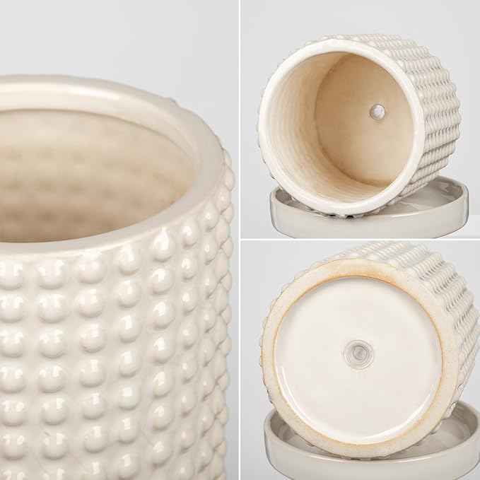 DILATATA Set of 2 Ceramic Planter Pots with Drainage Hole and Saucer, Round Flower Pot Hobnail Modern Planter Pots for Indoor & Outdoor Plants - 4 Inch & 6 Inch, White