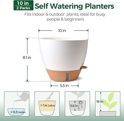2 Pack 10 Inch Self Watering Pots - Water Level Indicator & Deep Reservoir, Mess-Free Planter for Busy People, Beginners & Gardeners, Fiddle Leaf Fig, Monstera, ZZ Plants, Indoor Outdoor Use (White)