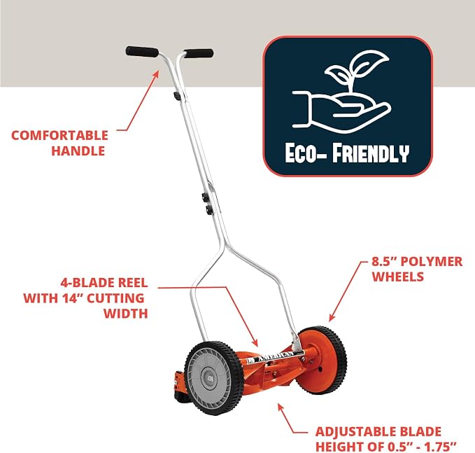 American Lawn Mower 1204-14 14-Inch 4-Blade Push Reel Lawn Mower, Red