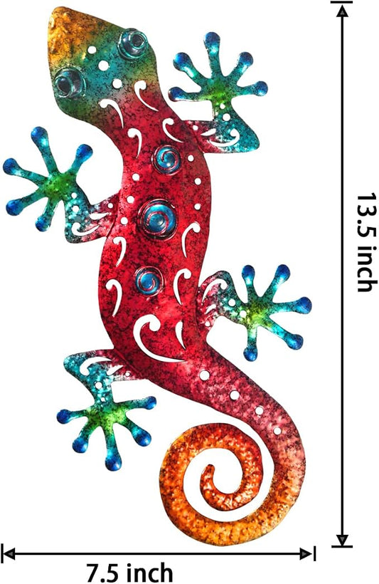 Tuokiuhn Metal Outdoor Red Gecko Wall Decor Lizard Garden Decoration Outdoor Fence Yard Wall Art Country Farmhouse Decor 13.5 * 7.5Inch
