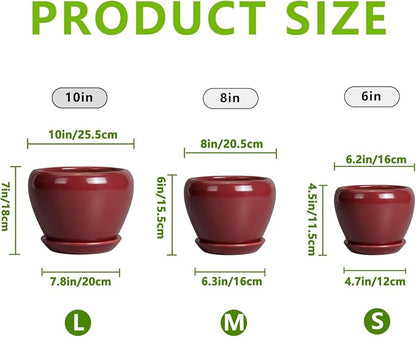 Ceramic Pots for Plants - 10 Inch 8 Inch 6 Inch Plant Pots with Drainage Holes and Saucers Large Planters for Indoor Plants Decorative Outdoor Flower Pots Set of 3 Red