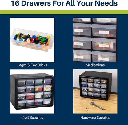 Akro-Mils 16-Drawer Plastic Drawer Storage Cabinet for Garage Organization, Beads, Makeup Organizer, Building Bricks Storage, Teacher Toolbox, 10-1/2" W x 6-1/2" D x 8-1/2" H, 10116 Black (Pack of 2)
