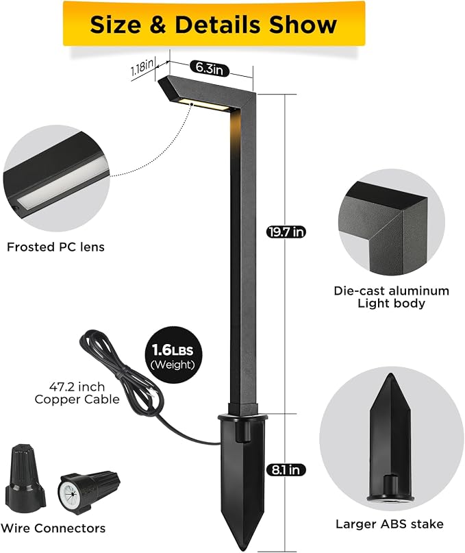 Gardencoin 3CCT LED Low Voltage Landscape Pathway Light, 12V Premium 3000K/4000K/5000K Selectable Path Lights Wired, Modern Walkway Lights Outdoor, Higher Housing with Larger Stake (19.7IN, 8 Pack)
