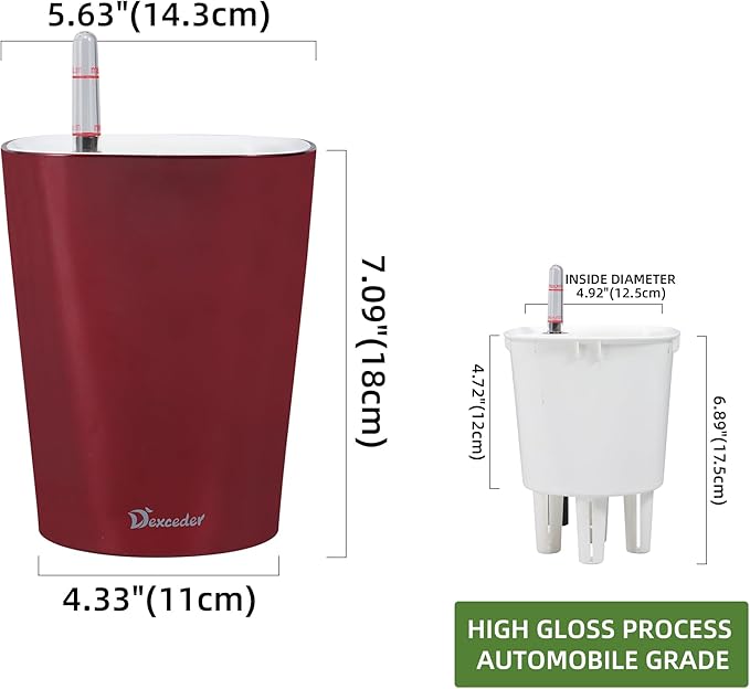 Dexceder 6x7 Self Watering Planter (Wine Red) | High Gloss Table Flower Plant Pot with Water Level Indicator Indoor Outdoor