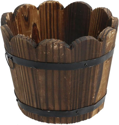 MY MIRONEY Wooden Barrel Planter Vintage Style Wood Bucket Rustic Garden Flower Plant Pots Container with Metal Ring Handles, Wave Mouth, 5.91" x 4.72"