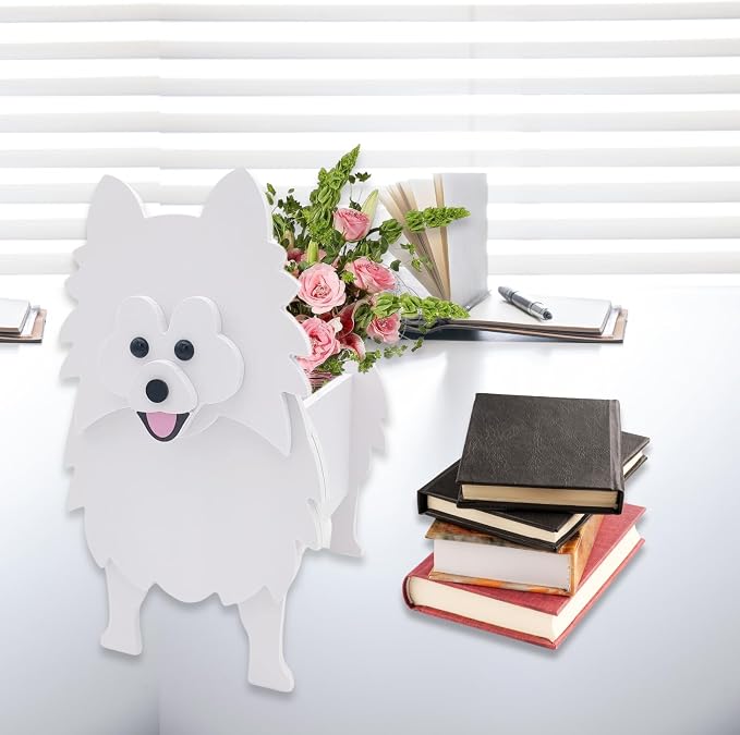 White Pomeranian Dog Planter Pots, 9.45 x 6.65 x 12.13 Inches | Dog Flower Pot, Cute Animal Shaped Plant Pot, Gifts for Women & Pet Lovers, Indoor Outdoor Garden Home Office Decor