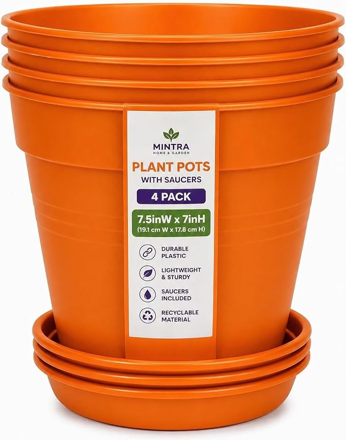 Mintra Garden Pots, 4 Pack Bulk Plastic Plant Pots with Drainage Tray, Round Indoor & Outdoor Decorative Planters with Drain Holes for Flowers, Herbs & Plants, 19cm Diameter – Orange, 7.5 in
