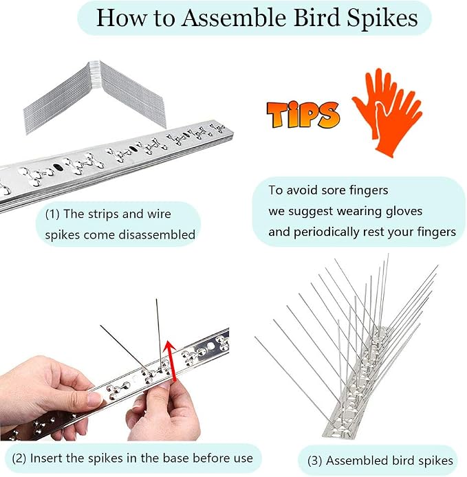 PANGCH Bird Spikes,Stainless Steel Bird Spikes Metal Bird Spikes Fence Spikes Easy to Install - 93 Strips 100.68 Feet Coverage