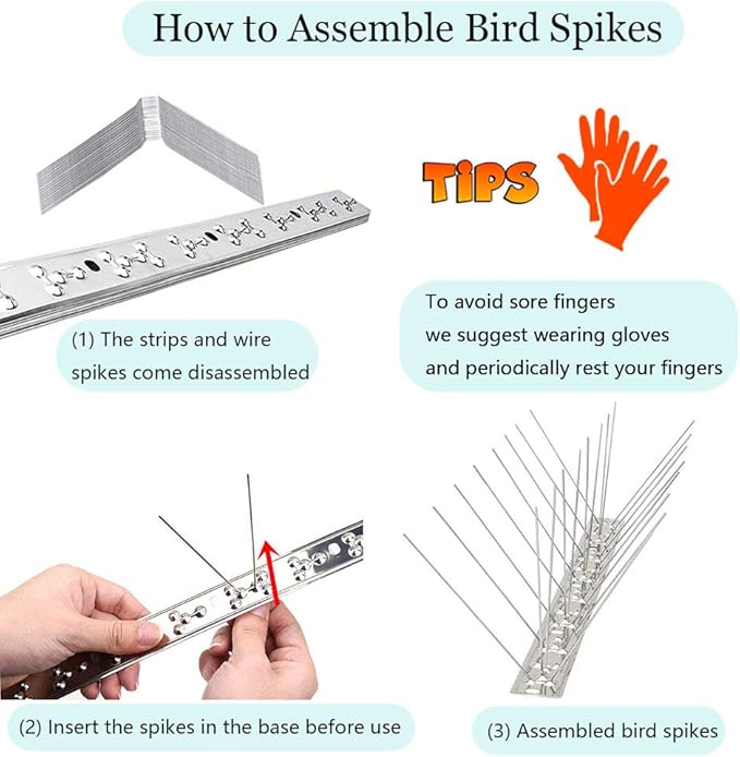 PANGCH Bird Spikes,Stainless Steel Bird Spikes Metal Bird Spikes Fence Spikes Easy to Install - 17 Strips 18.41 Feet Coverage