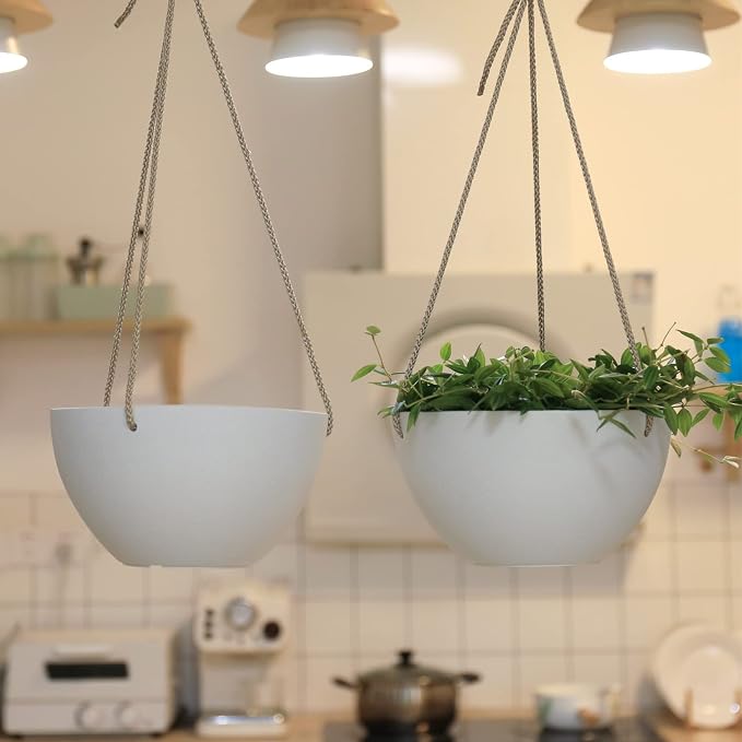 LA JOLIE MUSE White Hanging Planter Basket - 8 Inch Indoor Outdoor Flower Pots, Plant Containers W/Drainage Hole, Plant Pot for Hanging Plants, Pack 2