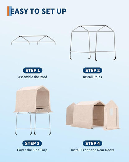 GarveeLife 6x6 ft Outdoor Portable Storage Shed with Roll-Up Door & Vent, 240G Heavy-Duty Shelter Waterproof PE Tarp, UV-Resistant Storage Sheds for Motorcycle, Firewood, Garden and Tools -Khaki