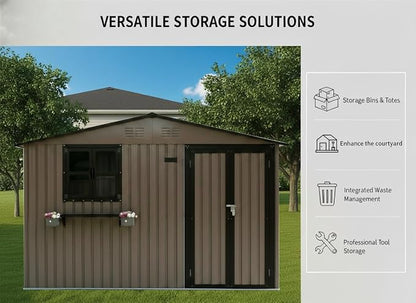 10x8 FT Storage Shed,Outdoor Metal Building Backyard Shed with 2 Clear Openable Windows,Windowsill & Garden Bed Flower Rack,Lockable Double Doors Tool Shed, Heavy Duty Waterproof,for Yard,Brown