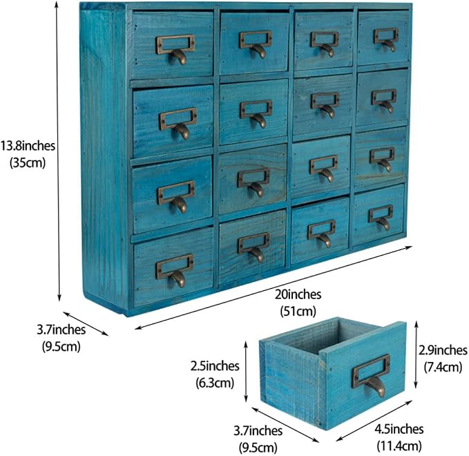 Apothecary Drawers Apothecary Cabinet with Drawers, Blue | 16 Drawer Library Card Catalog, Wooden Storage Box, Wooden Desktop Organizer with Metal Handles-Fulled Assembled