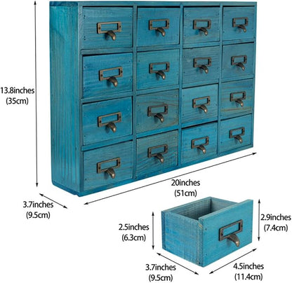 Apothecary Drawers Apothecary Cabinet with Drawers, Blue | 16 Drawer Library Card Catalog, Wooden Storage Box, Wooden Desktop Organizer with Metal Handles-Fulled Assembled