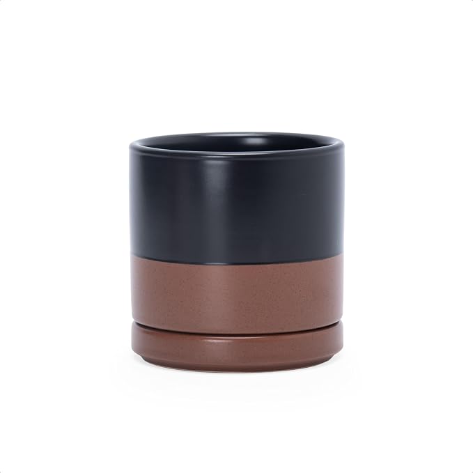 D'vine Dev 3.5 Inch Ceramic Planter Pot with Drainage Hole and Saucer, Indoor Cylinder Round Planter Pot, Black/Speckled Tan, 94-O-A-7