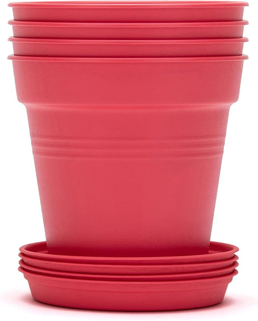 Mintra Garden Pots, 4 Pack Bulk Plastic Plant Pots with Drainage Tray, Round Indoor & Outdoor Decorative Planters with Drain Holes for Flowers, Herbs & Plants, 11cm Diameter – Coral, 4.3 in