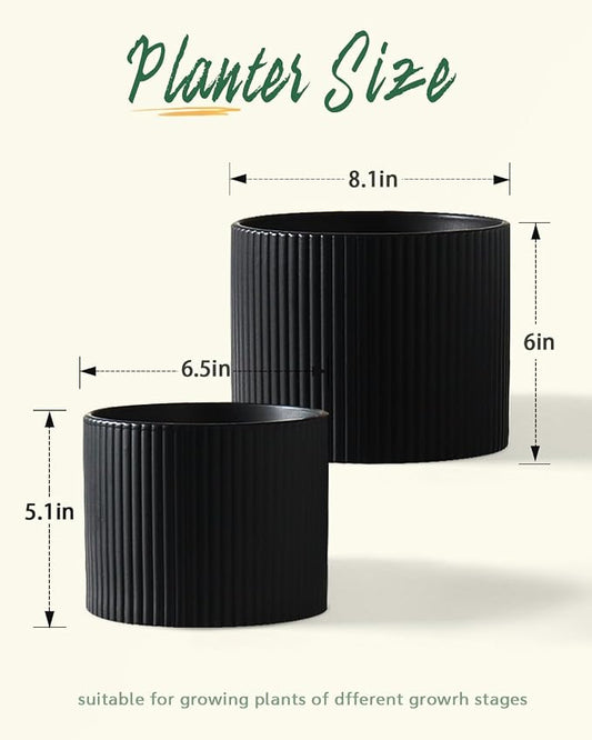 Matte Black Ceramic Plant Pots, 8.1 + 6 Inch Planters for Indoor Plants, Modern Flower Pots with Drainage, Two-Sizes Set